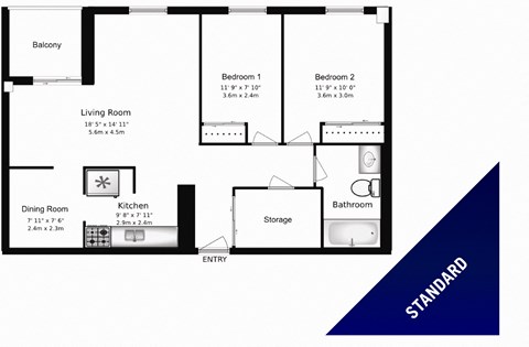 Floor plan for 2 beds, 1 bath, 881 sqft
